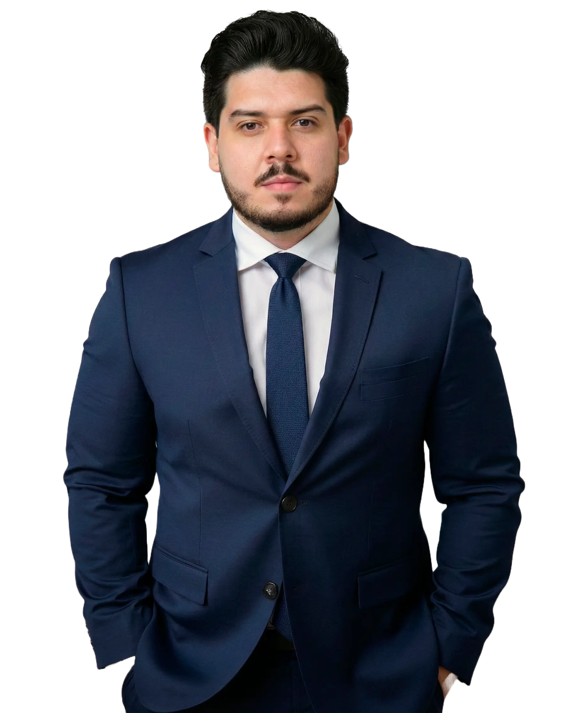 Bruno Bragheto, advogado, retrato em terno azul-marinho